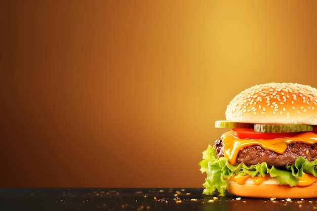 Photo burger top view on flat lay background and copyspace