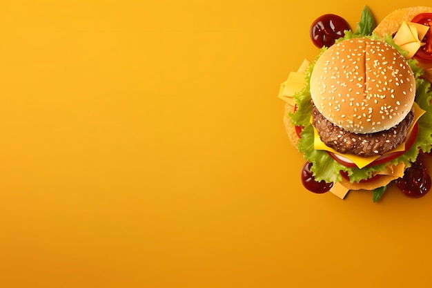 Burger top view on flat lay background and copyspace