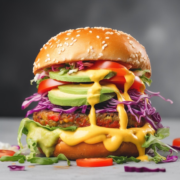 Burger Vegetarisch met avocado sla ui tomaat en een hartige saus