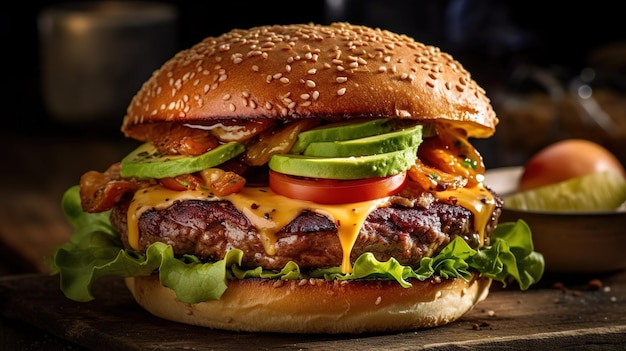 A burger with avocado, avocado, and tomato on a wooden table.