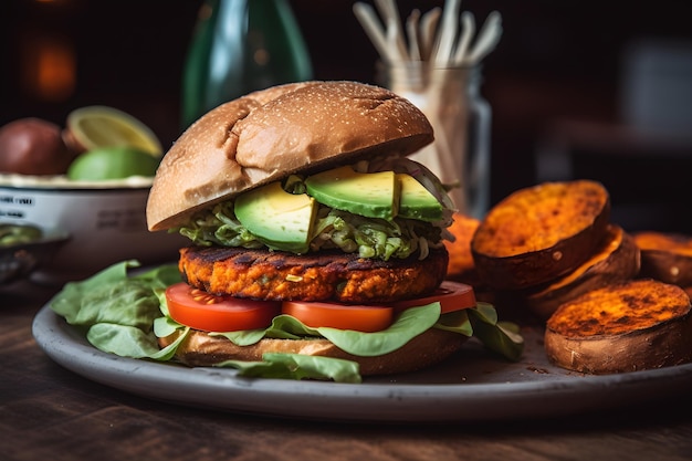 A burger with avocado on it sits on a table with a sweet potato.