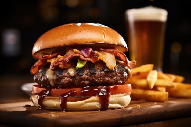 Premium AI Image | A burger with bacon cheddar cheese and barbecue sauce