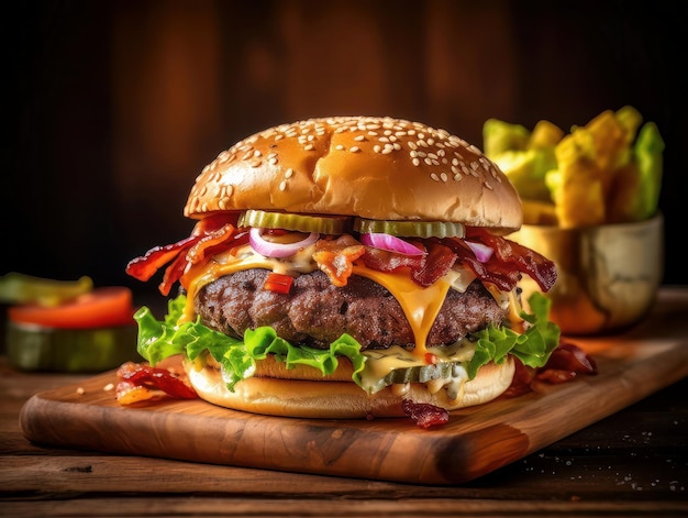 A burger with bacon, cheese, and bacon on a wooden board