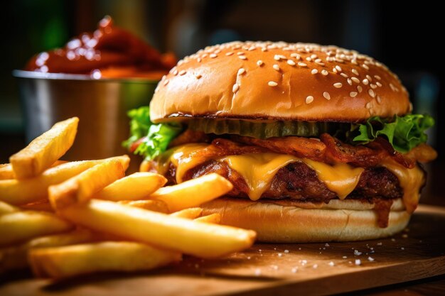 A burger with bacon and cheese on it next to a cup of ketchup.