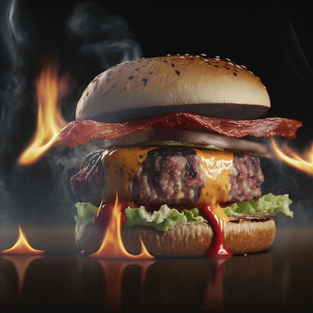 A burger with bacon and cheese on it is in front of flames.