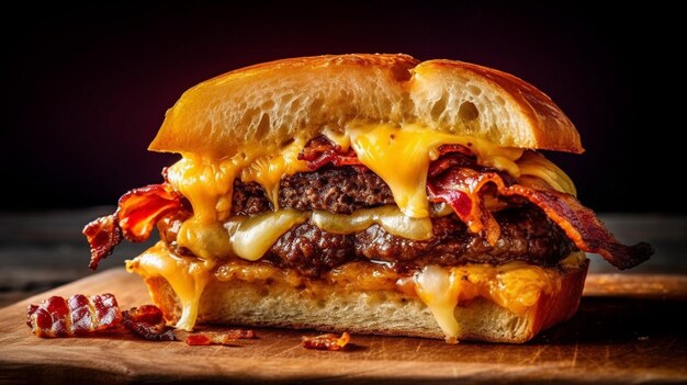 A burger with bacon and cheese on it