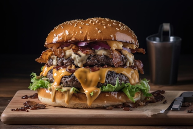 A burger with bacon, cheese, and sauce on a wooden board.