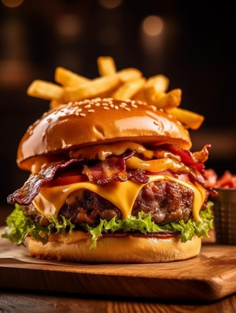 A burger with bacon and cheese on a wooden table