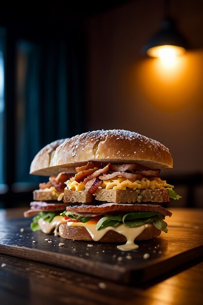 Premium AI Image | A burger with bacon, egg, and cheese on a table.