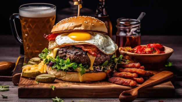 A burger with bacon and egg on a wooden board with beer and beer