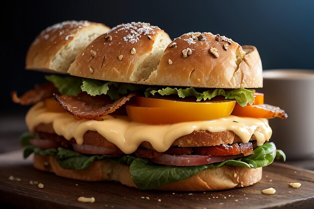 A burger with bacon, lettuce, and tomato on it.