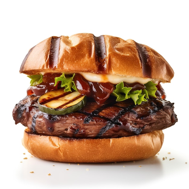 burger with bacon salad and large slices of red onion with selective focus