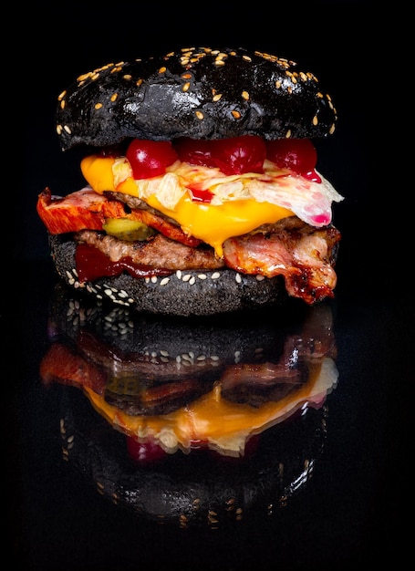 Photo burger with beef and cheese on a black background