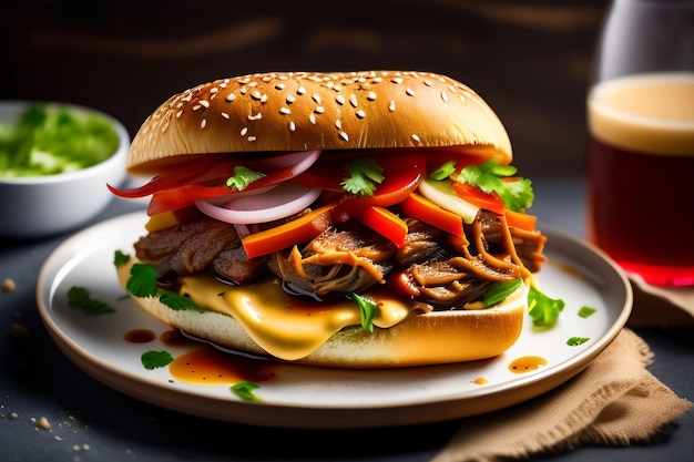 A burger with beef and cheese on a plate