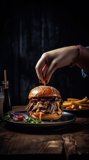 burger with beef and cheese on wood and isolated black background Generative AI