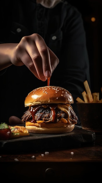 burger with beef and cheese on wood and isolated black background Generative AI