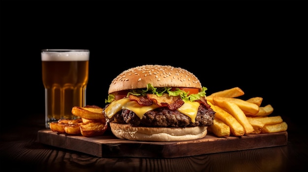 Burger with beef cutlets tomatoes cheese lettuce and onions beer and fries Generated AI