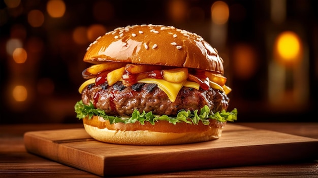 Burger with beef cutlets tomatoes cheese lettuce and onions on the table in restaurant Generated AI