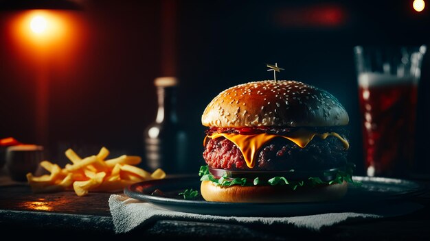 Burger with beef and fries