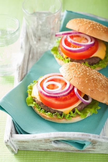 Burger with beef patty cheese lettuce onion tomato