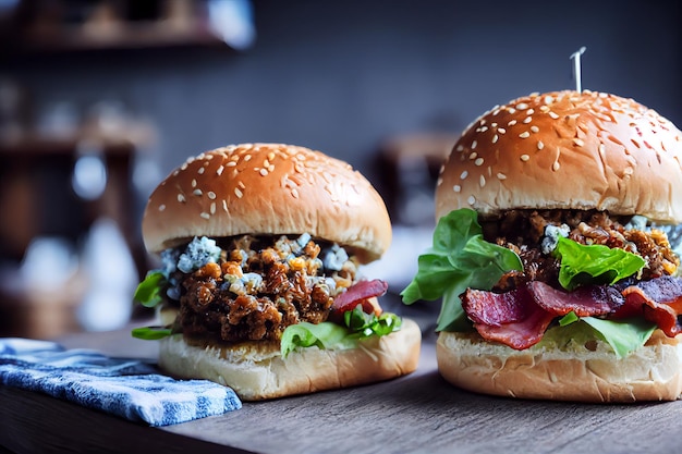 A burger with blue cheese and bacon on it