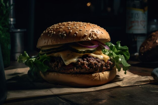 A burger with a bottle of beer in the background