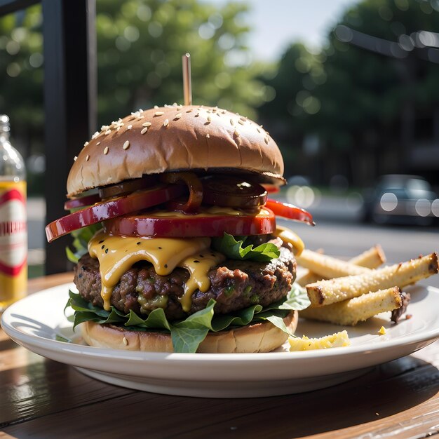 a burger with a bottle of beer next to it