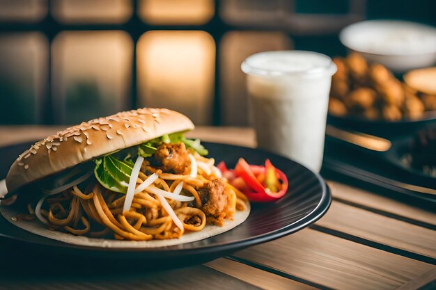 A burger with a bun and a drink on a wooden table