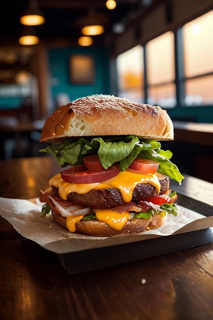 A burger with a bun and tomato on it