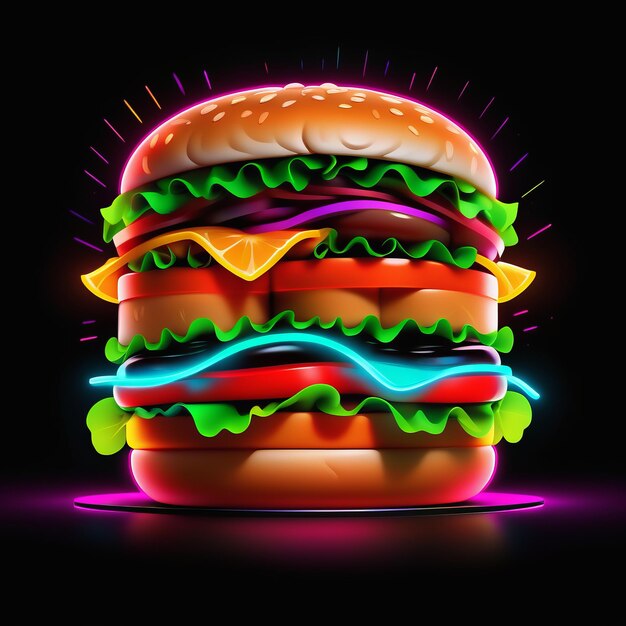 burger with burger and neon lights on black backgroundburger with burger and neon lights on bla