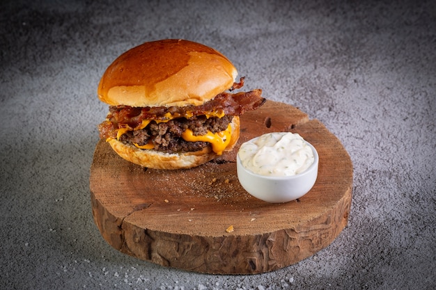 Burger with cheddar cheese and garlic sauce