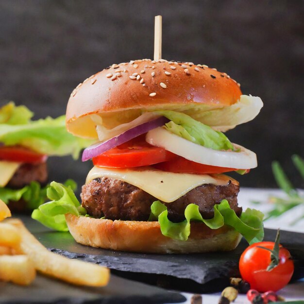 Foto hamburger con formaggio bacon pomodoro cipolla cipolla e lattuga su uno sfondo nero