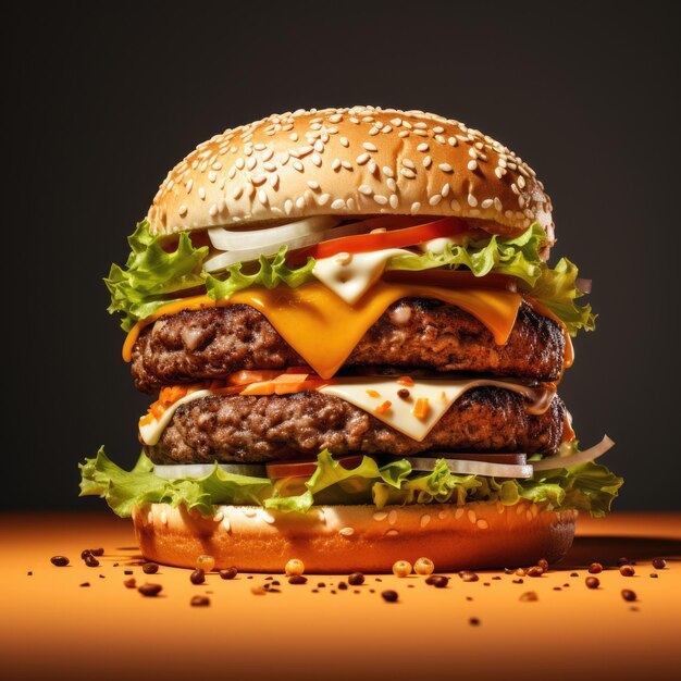 Burger with cheese and lettuce on a black background