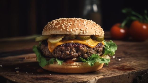 A burger with cheese and lettuce on it