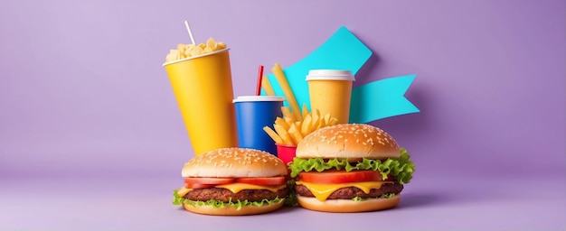 burger with cheese lettuce tomato and juicy meat with drinks and potatoes on a purple background
