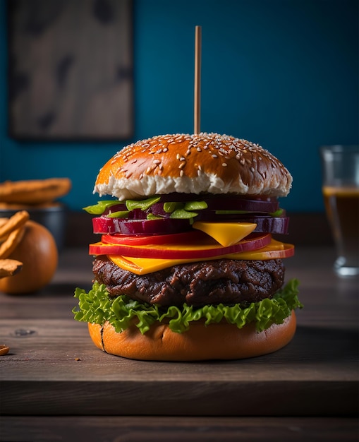 A burger with cheese, lettuce, tomato, and onion rings on it.