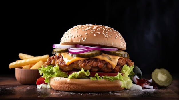 A burger with cheese, lettuce, tomato, and pickles on a wooden table.