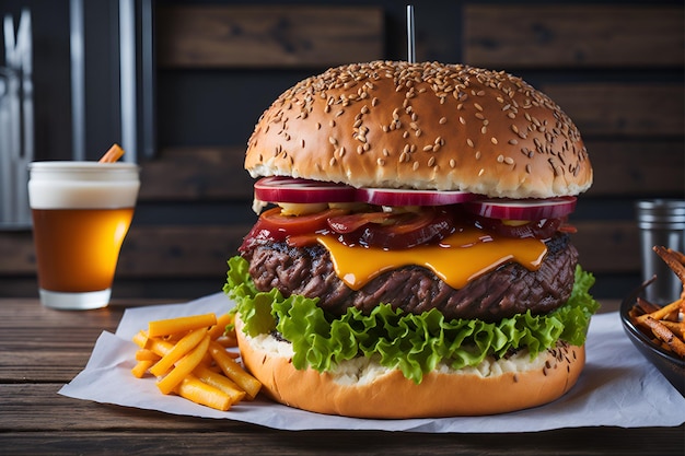 A burger with cheese, onions, and onions sits on a table next to a glass of beer.