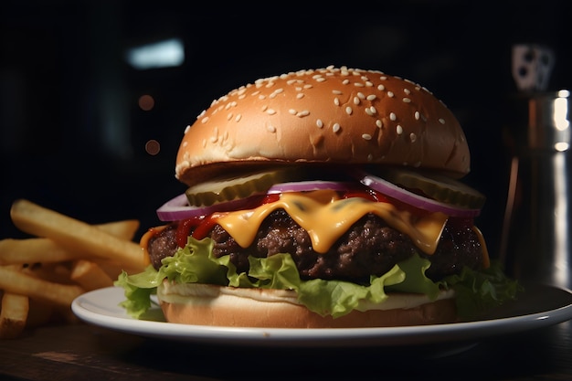 A burger with cheese and onions sits on a plate.