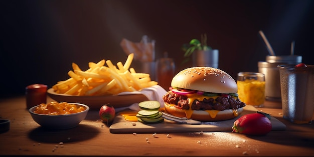 A burger with cheese and sauce sits on a table with fries.