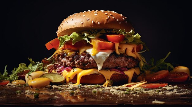 Photo a burger with cheese, tomato, and lettuce on it.