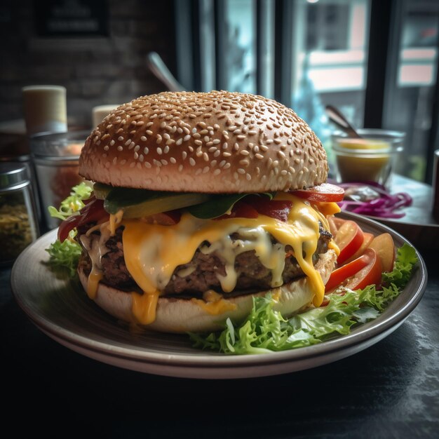 A burger with cheese and tomato sauce on it