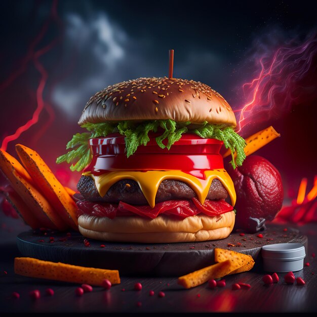 A burger with cheese and tomatoes on it and a black background