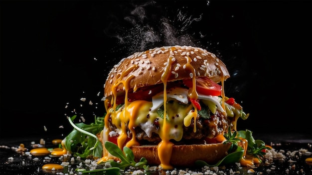 A burger with cheese and vegetables on it