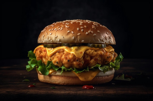 A burger with a cheeseburger on a wooden table