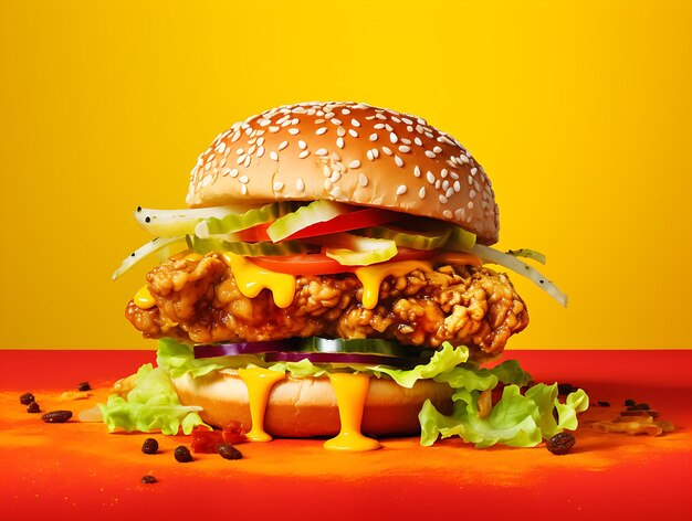 Burger with chicken and vegetables burger with chicken with background