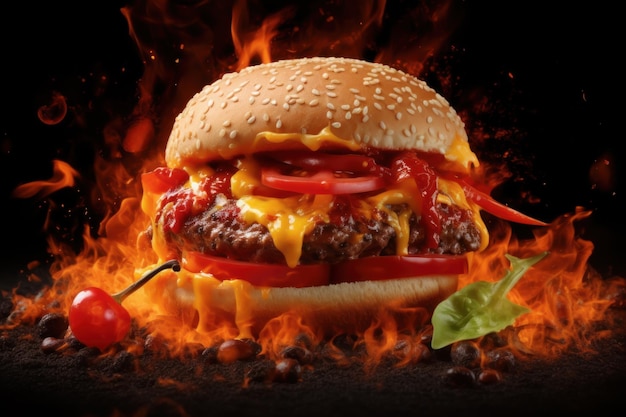 A burger with a chili pepper on it is on fire.