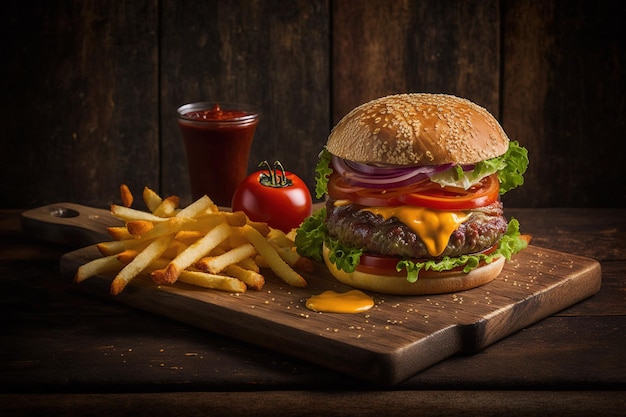 Burger with coke and fries isolated on wooden table background. Delicious cheeseburger on board.