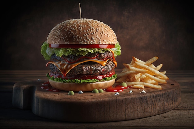 Burger with coke and fries isolated on wooden table background. Delicious cheeseburger on board.