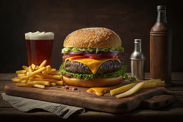 Burger with coke and fries isolated on wooden table background. Delicious cheeseburger on board.